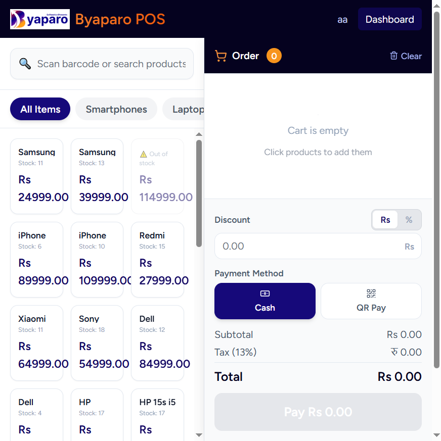 Byaparo POS software Nepal — barcode search, product grid, cash and QR pay with 13% VAT