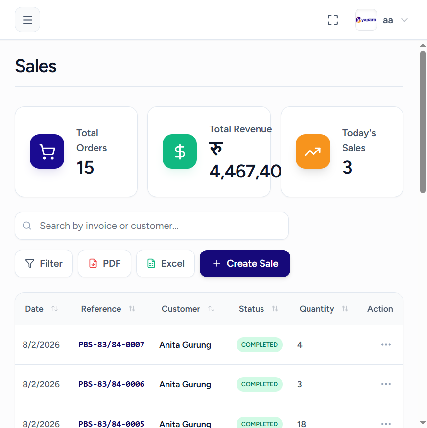 Byaparo Sales — shop management software screenshot