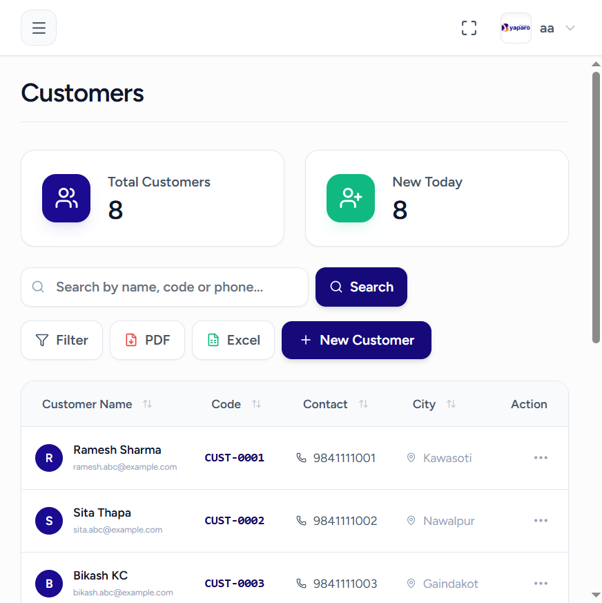 Byaparo Customers — shop management software screenshot